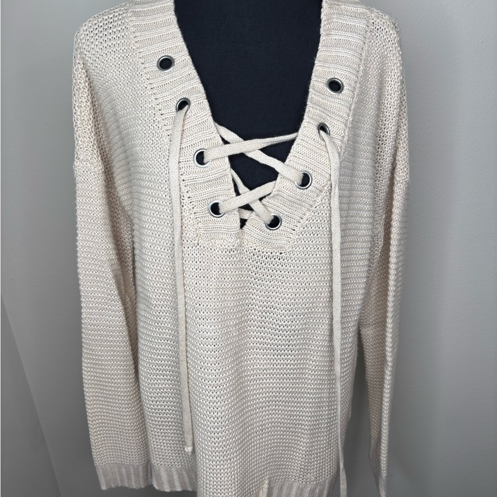 Cream Lace-Up Sweater